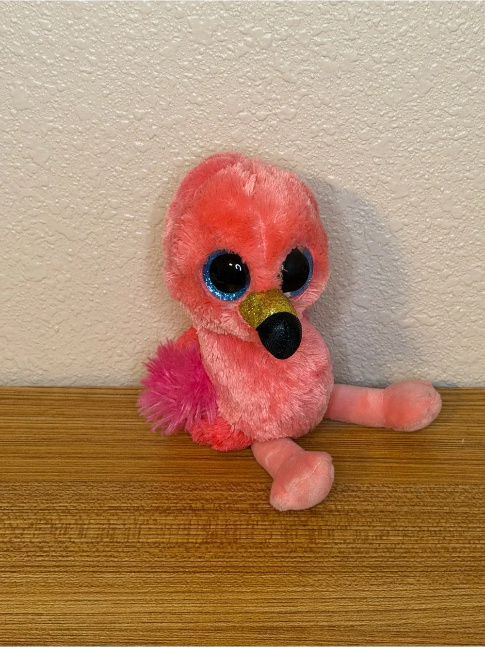 Plush Pink Flamingo Toy with Sparkle Blue Eyes and Gold Beak